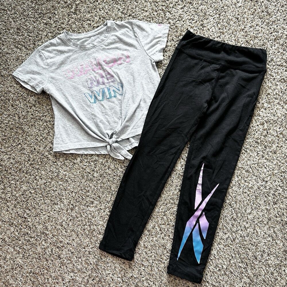 Reebok Shirt and Leggings 2 Piece Set Girls Sz 7 Gray Black Pink Blue